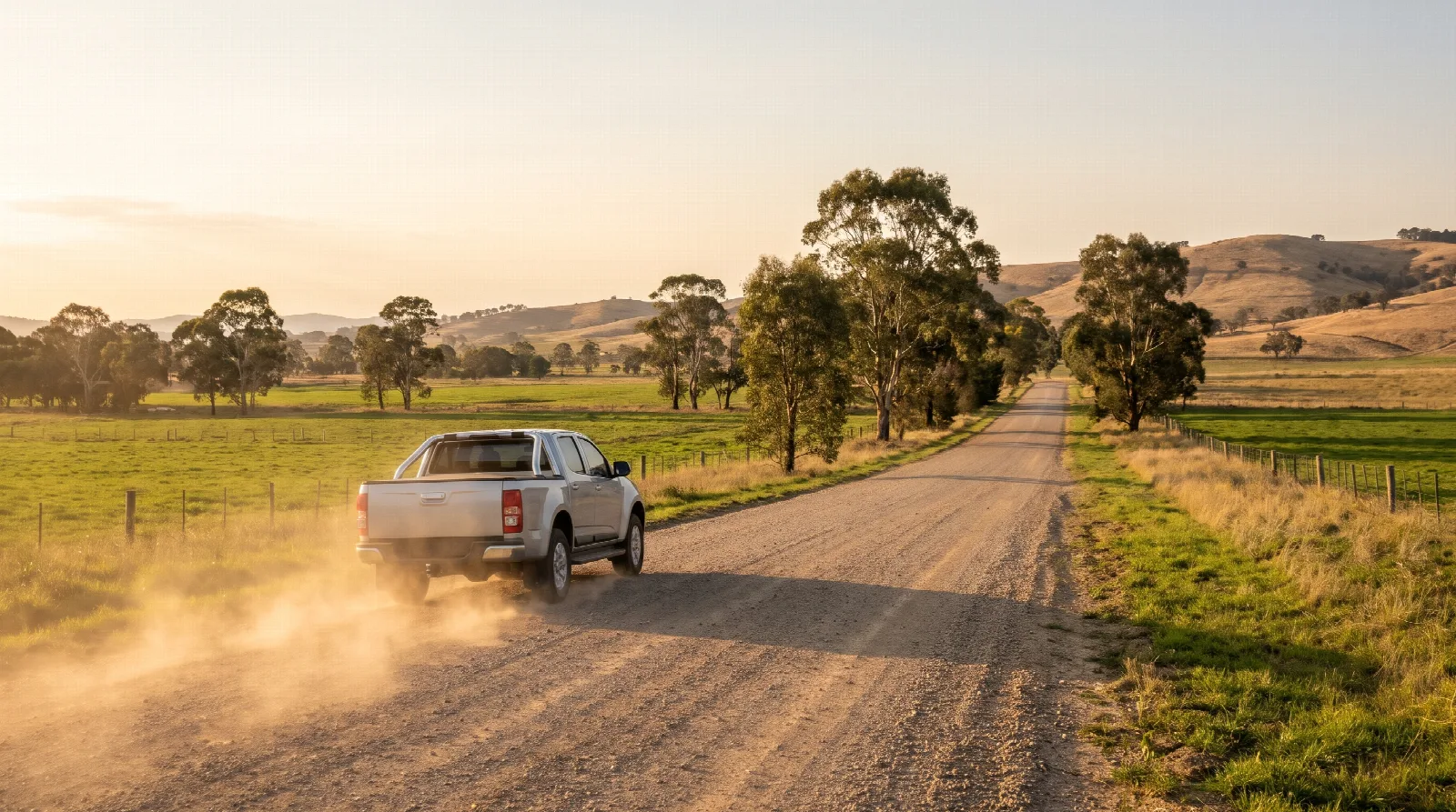 A dual-cab ute driving along a gravel farm road between green paddocks and gum trees