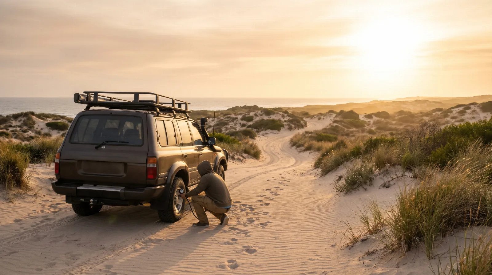 A 4WD stopped on a sandy dune track at sunrise while the driver lets air out of a rear tyre