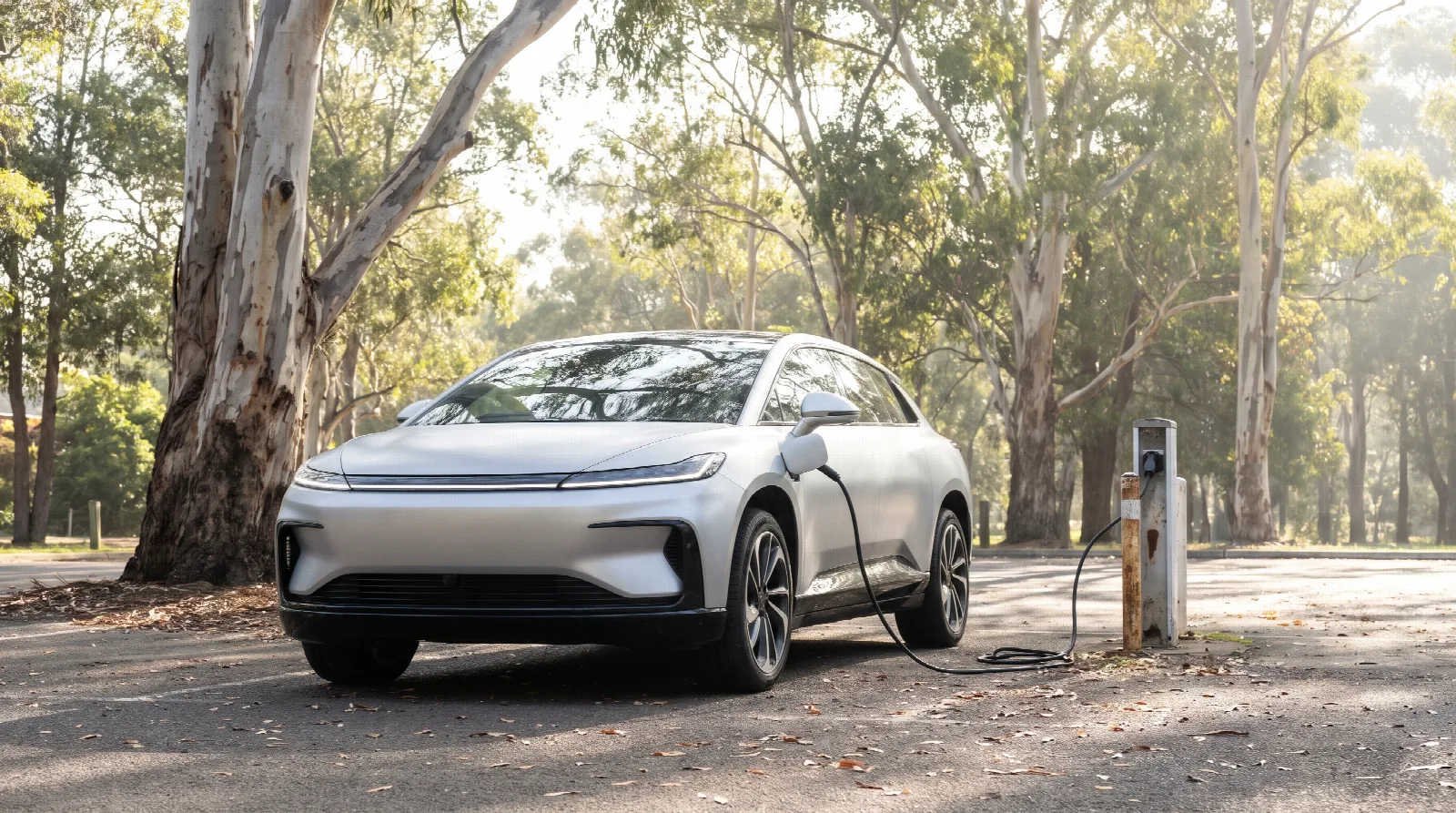 An electric SUV charging at a public charger among gum trees in an Australian car park