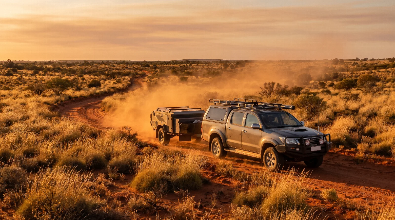 A dual-cab ute towing a camper trailer along a red dirt outback road in golden afternoon light