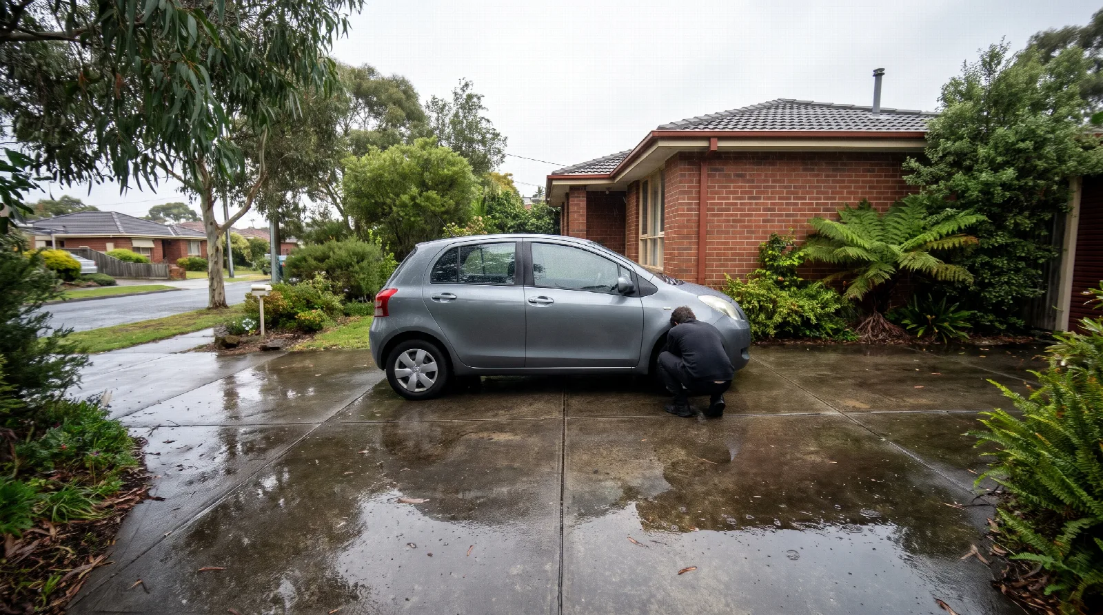 A person checking the front tyre of a hatchback on a wet suburban driveway after rain