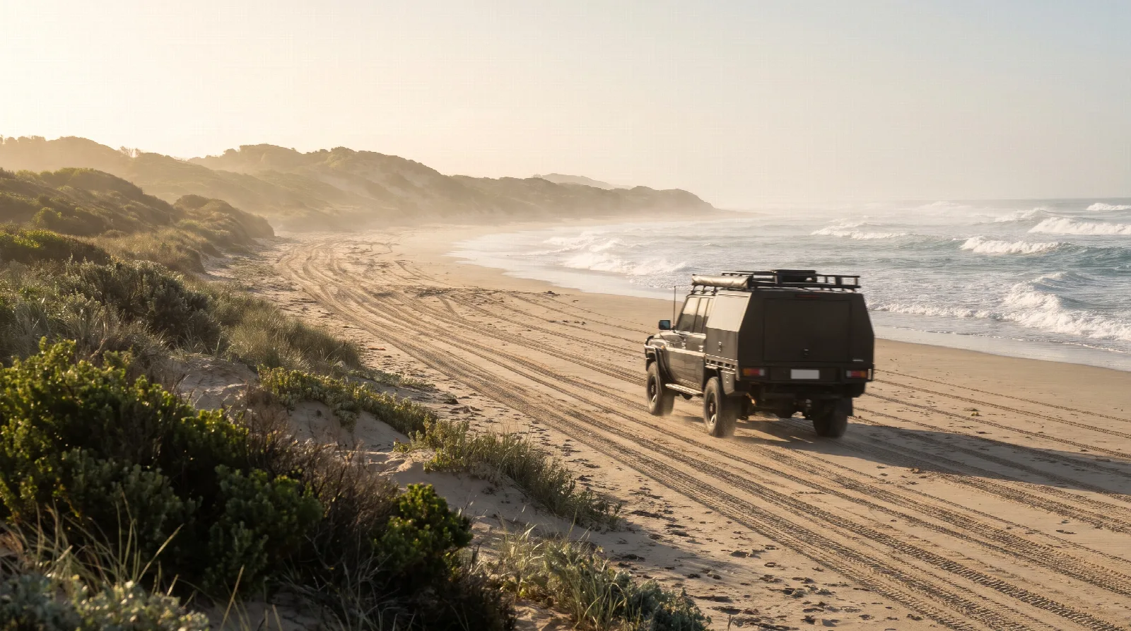 A dual-cab 4WD ute with a canopy driving along a sandy beach track beside the surf